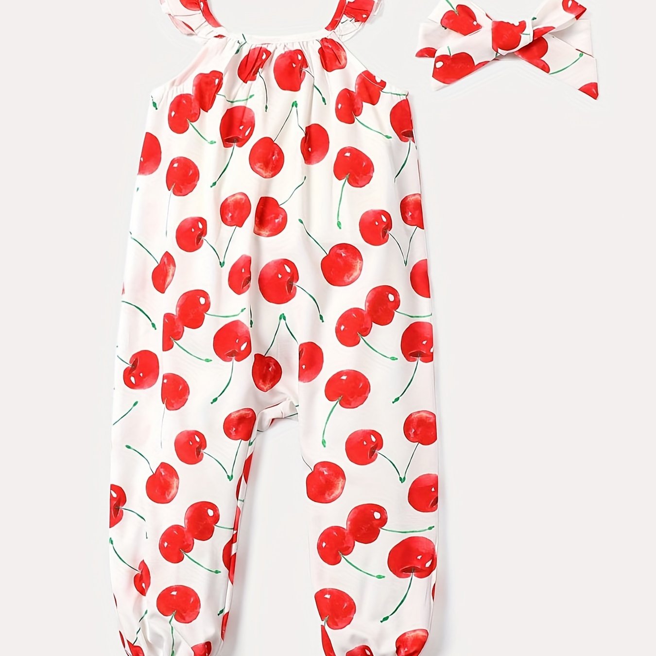 2pcs Toddler Girls Cherry Graphic Ruffle Trim Rompers Jumpsuits & Headband Set