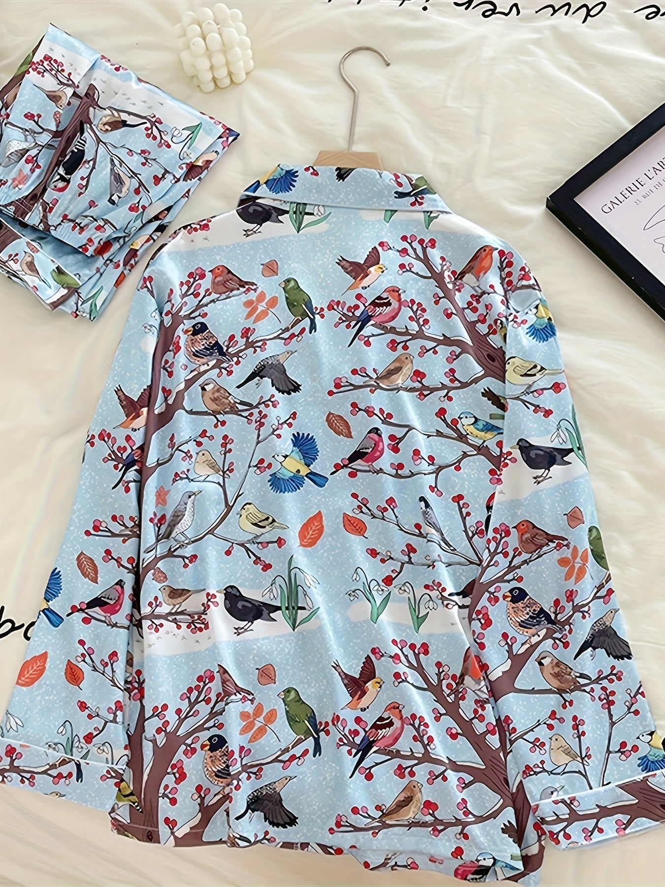 Floral Bird Print Pajama Set Long Sleeve Top & Pants