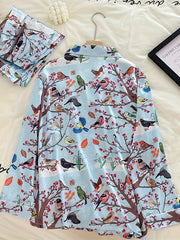 Floral Bird Print Pajama Set Long Sleeve Top & Pants