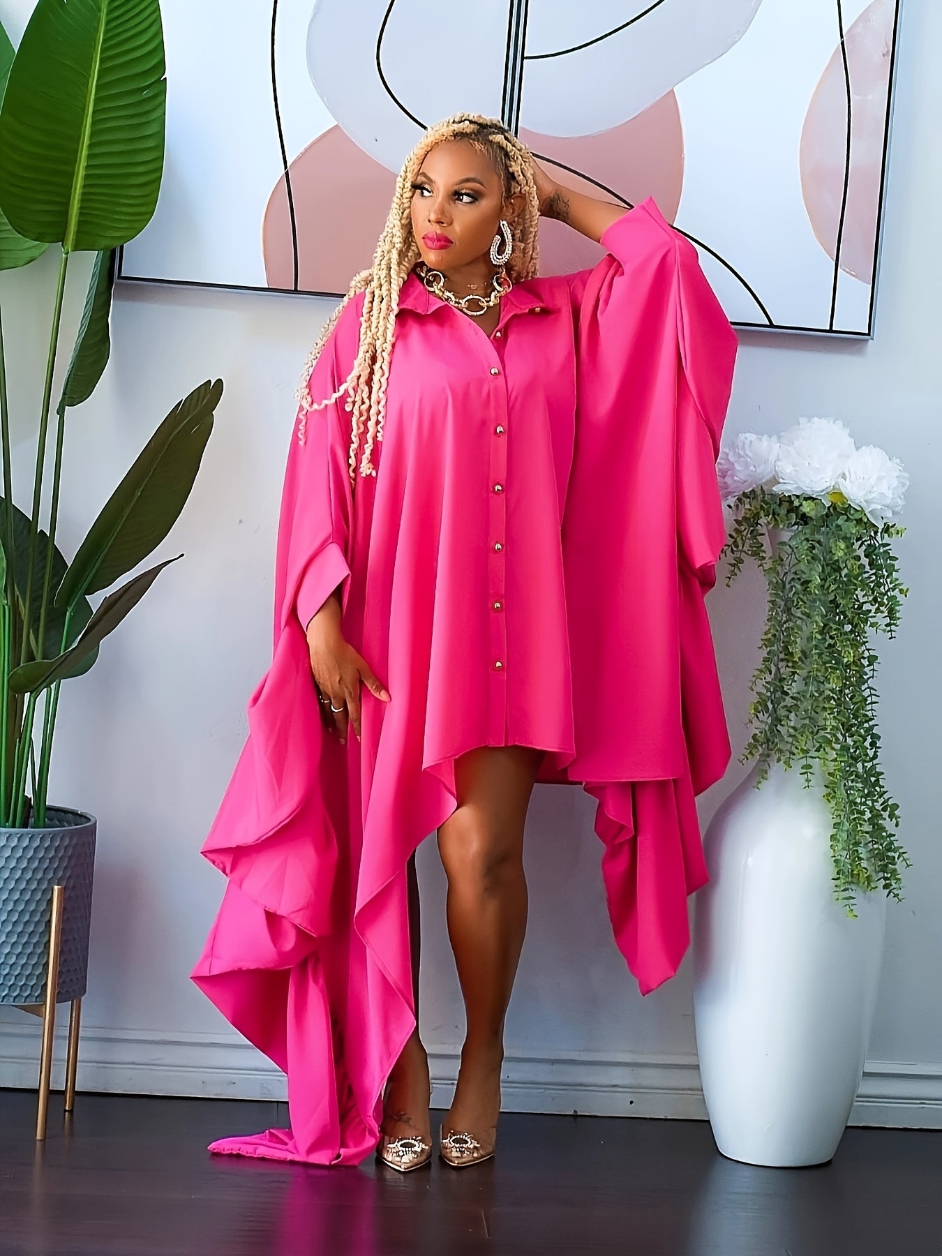 Solid Draped Batwing Sleeve Button Up Shirt Dress