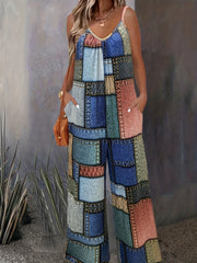 Denim Print Wide Leg Jumpsuit Casual Sleeveless Jumpsuit