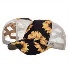 Sunflower Print Ponytail Baseball Cap Mesh Adjustable Trucker Hats