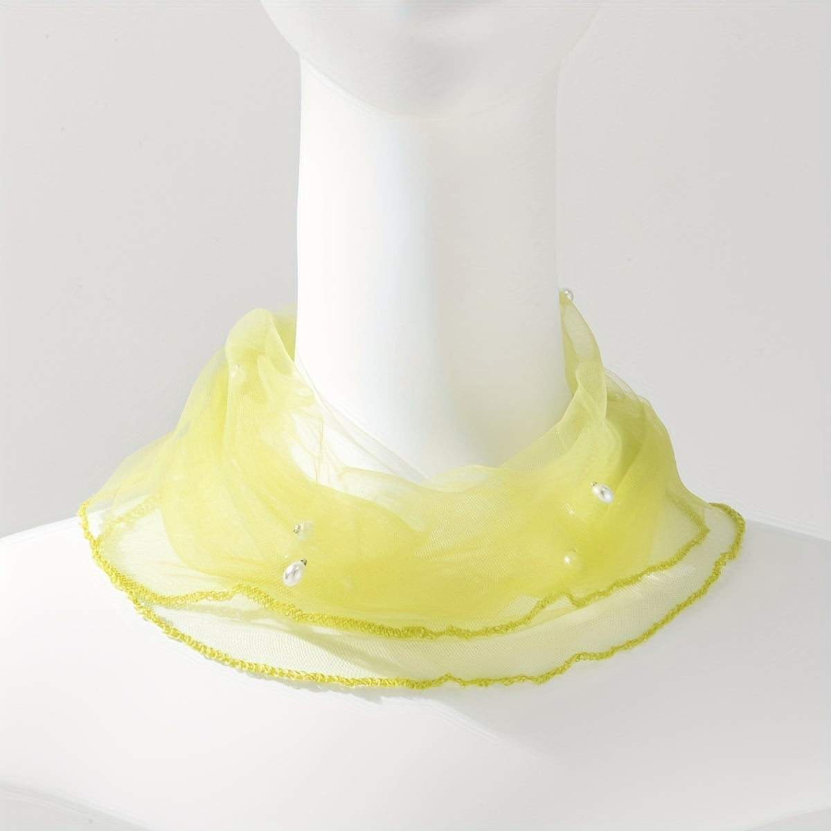Pearl Decor Infinity Scarf Ruffles Thin Gauze Neck Gaiter Decorative Tulle Scarf
