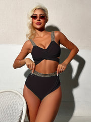 Golden Seam Trim High Waist Bikini Set Women's Swimwear