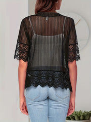 Floral Lace Sleeve Cover Up Cardigan Sheer Vacation Style Blouse