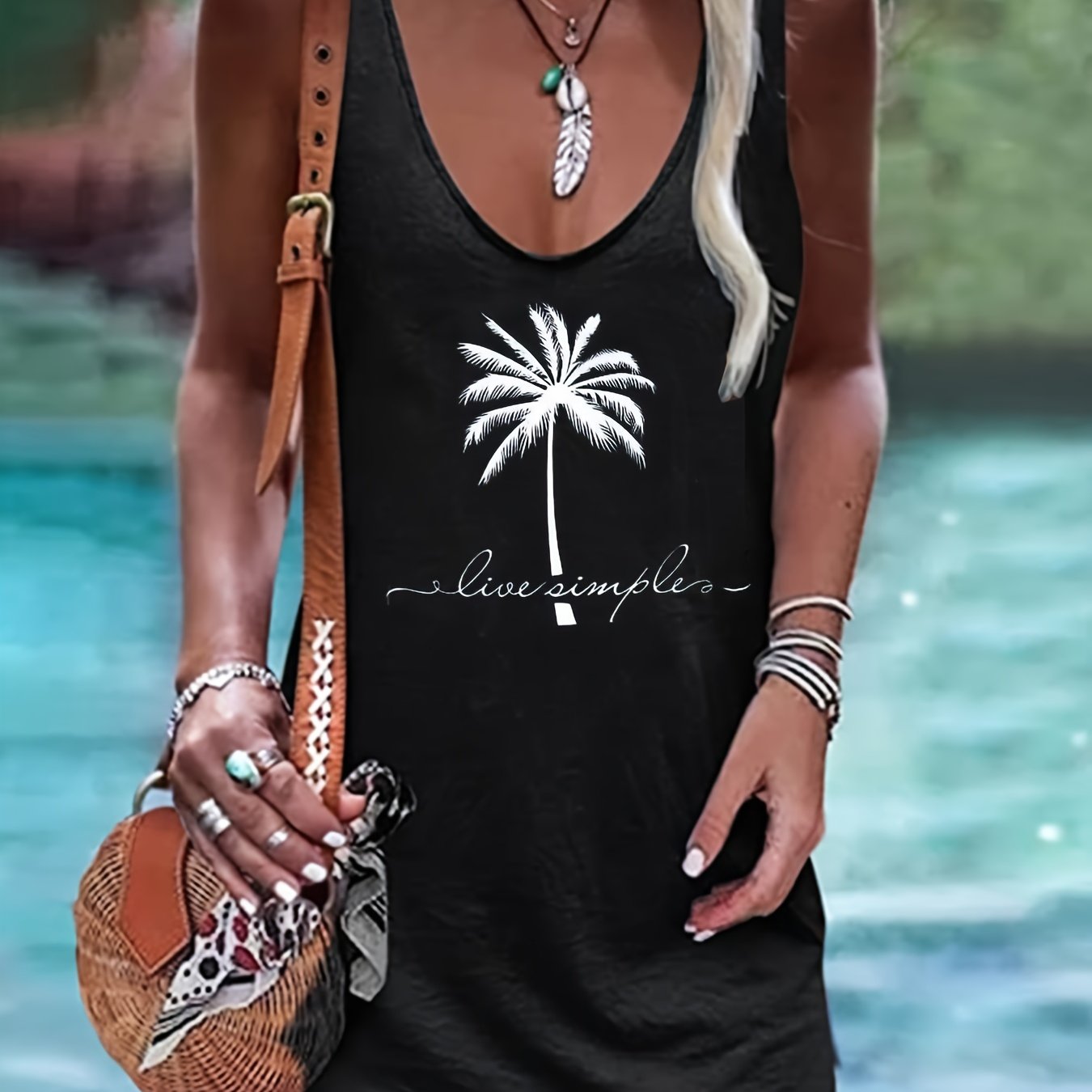 Coconut Tree Print Tank Dress Sleeveless Casual Dress