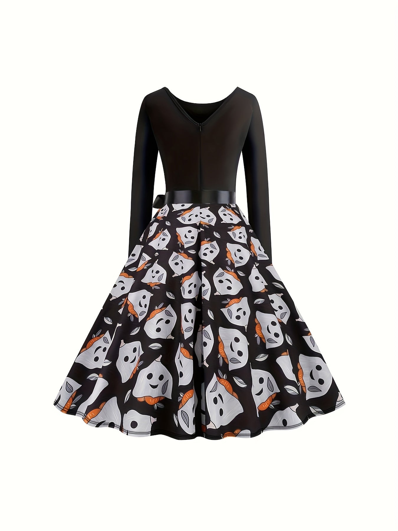 Halloween Gothic Dress Women's Plus Ghost Print Bow Front Swing Dress