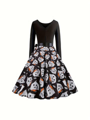 Halloween Gothic Dress Women's Plus Ghost Print Bow Front Swing Dress