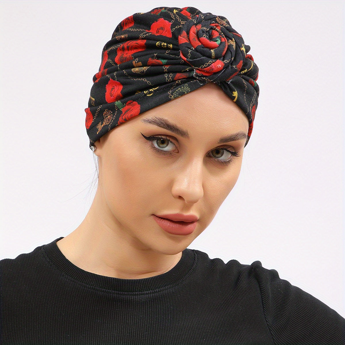 Boho Print Turban Cap Twist Pleated Head Wrap Elastic Head Scarf