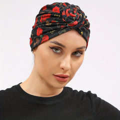 Boho Print Turban Cap Twist Pleated Head Wrap Elastic Head Scarf