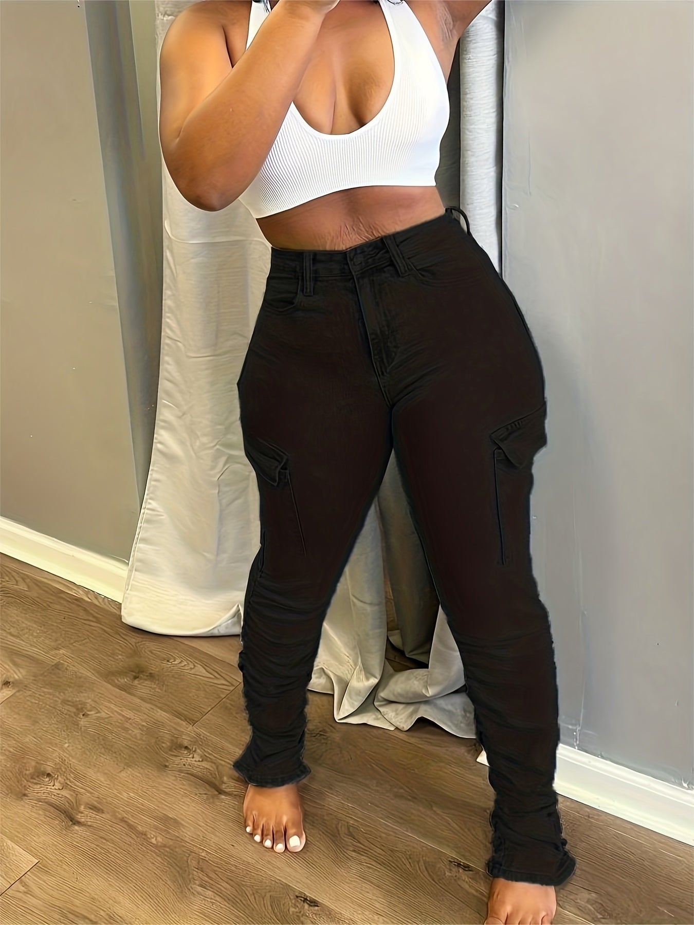 High Waist Cargo Pants Ruched Slim Fit Denim Jeans