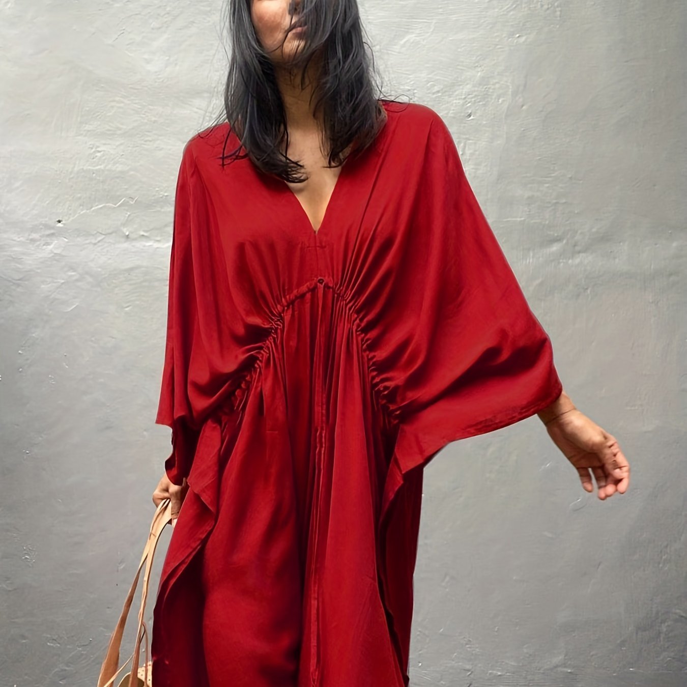 Boho V Neck Cover Up Drawstring Loose Fit Rash Guard Shirt