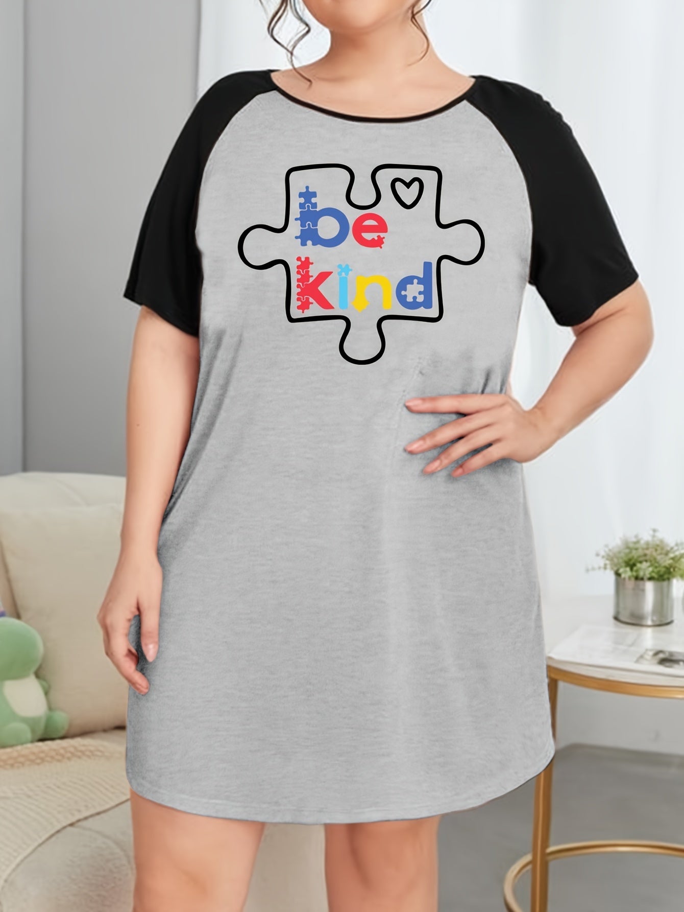 Casual Nightdress Women's Plus Puzzle & Slogan Print