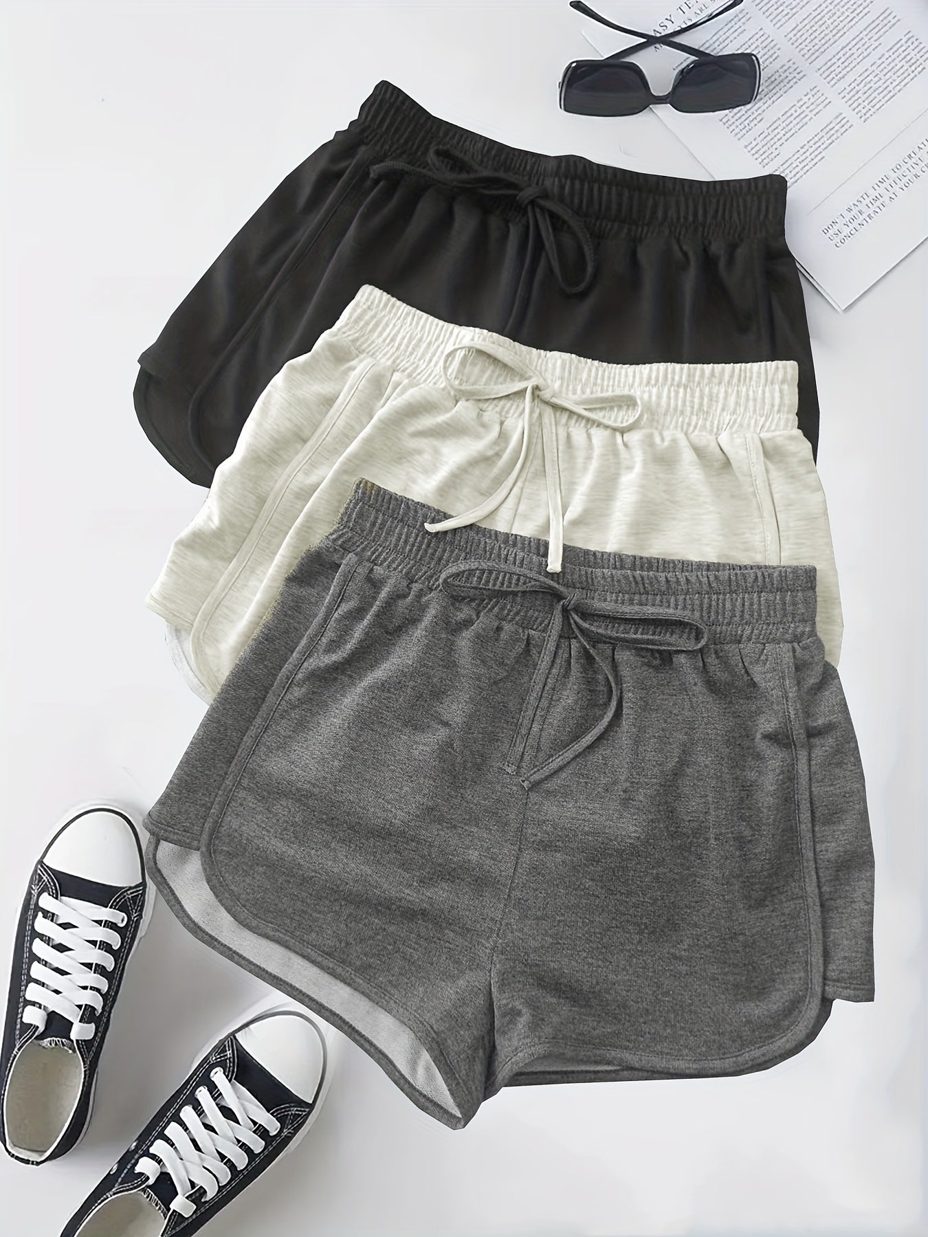 3-Pack Plus Size Sports Shorts Set - High Waist Elastic Drawstring