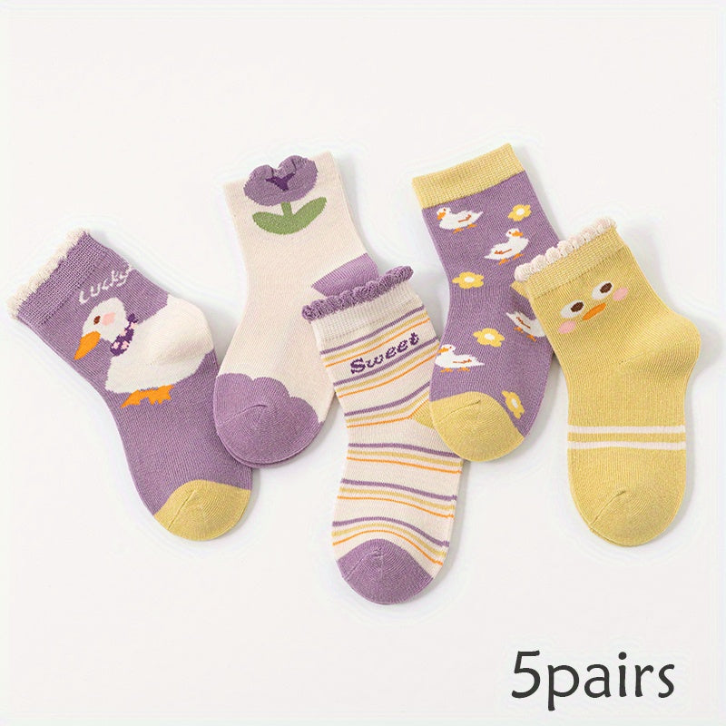 5 Pairs Baby Girls Cartoon Pattern Crew Socks for Autumn Winter