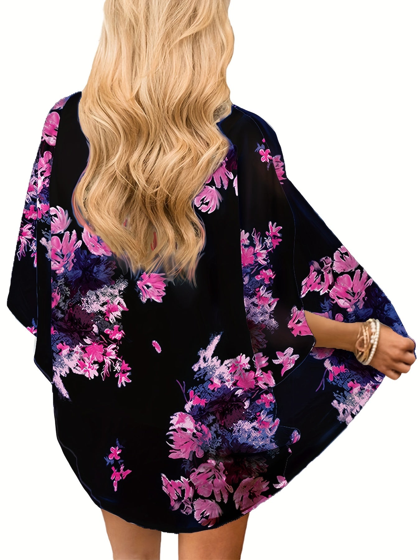Floral Print Bat Sleeve Beach Cover Up