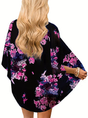 Floral Print Bat Sleeve Beach Cover Up
