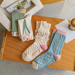 4 Pairs Floral Socks Set Women Flower Ankle Lucky Socks