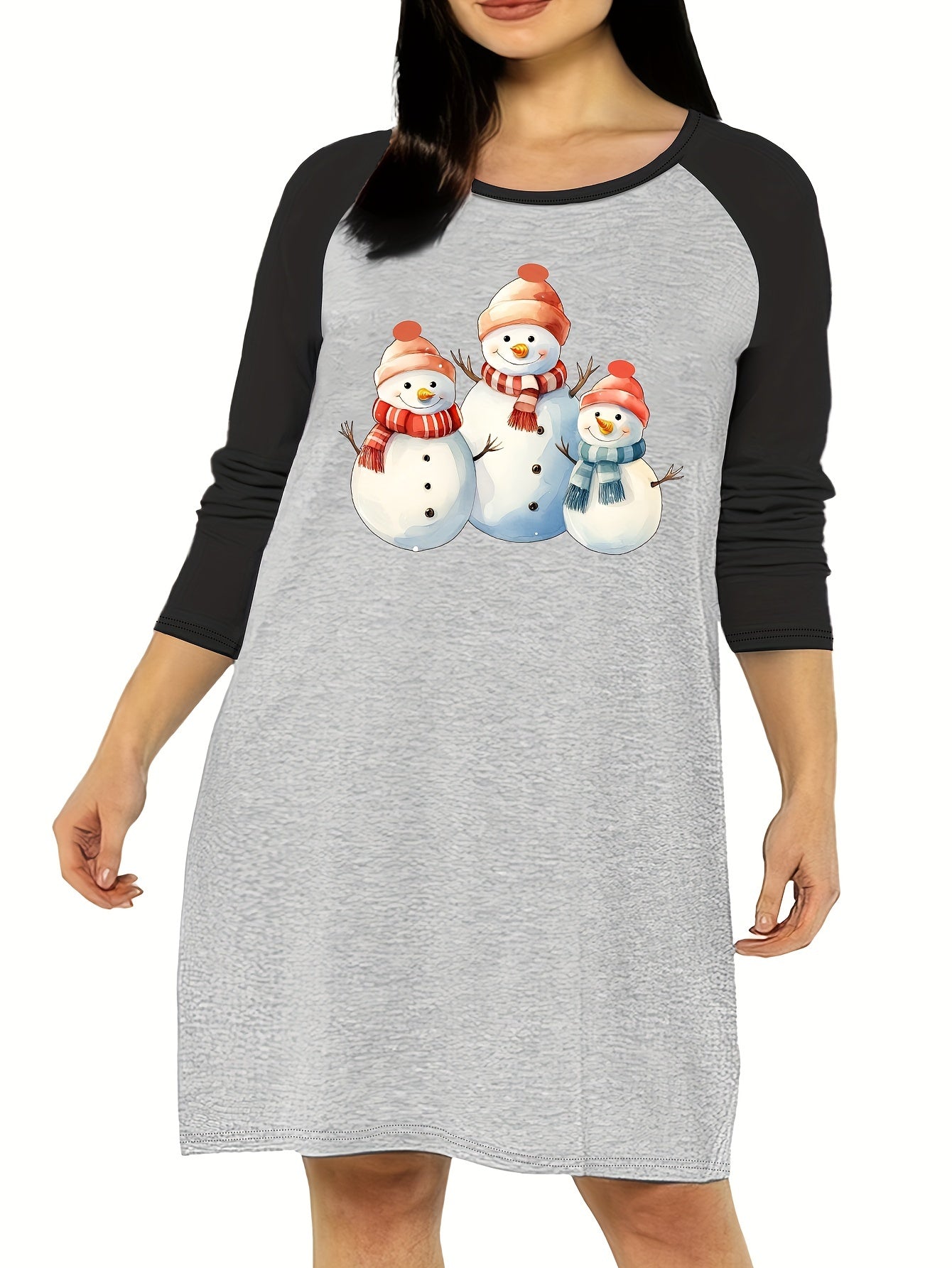 Snowman Graphic Long Sleeve Nightdress for Women
