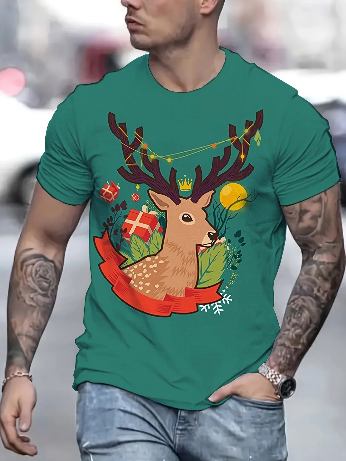 Christmas Reindeer Print T shirt Men's Casual Street Style Tee Shirt