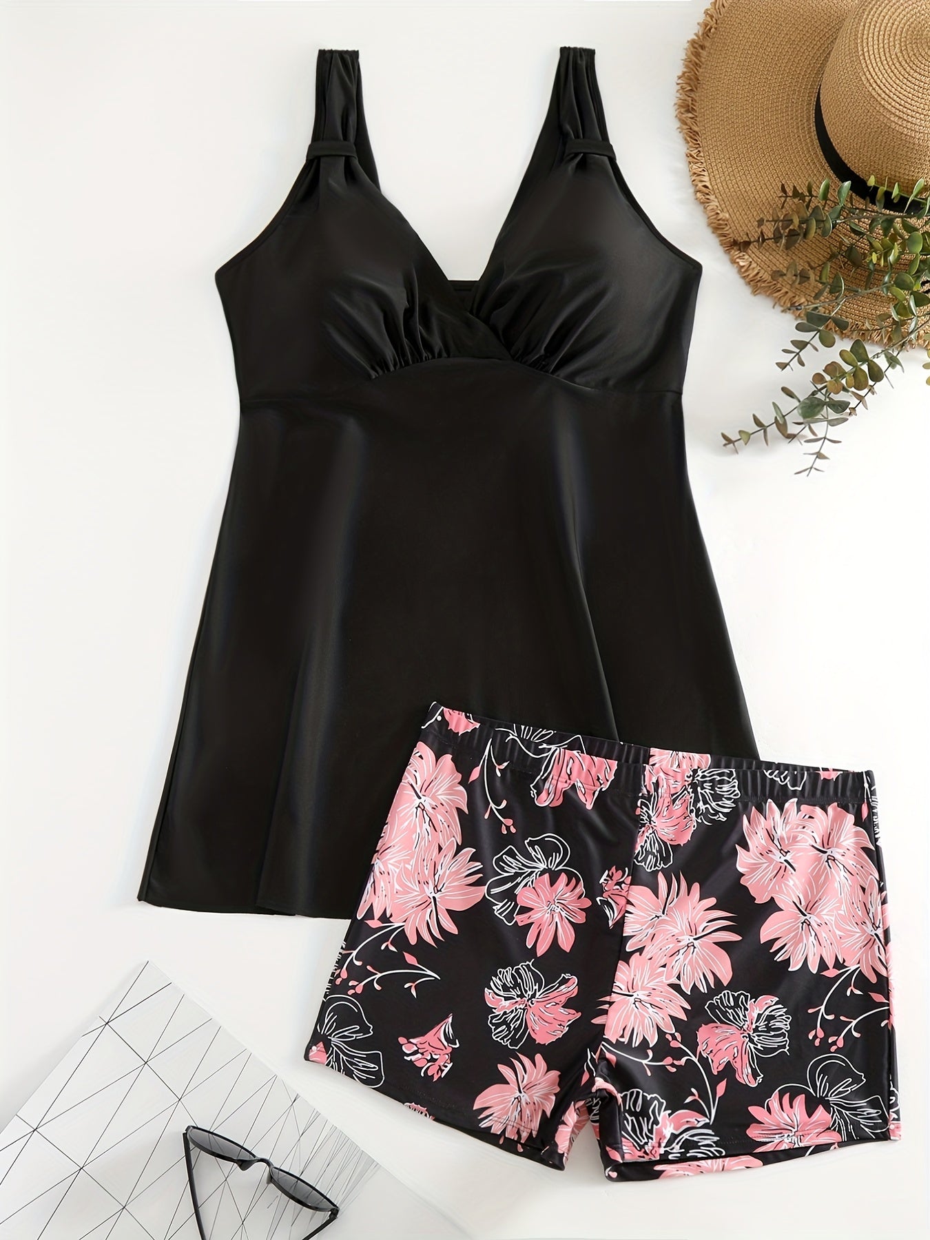 Modest Tankini Set Women's Plus Floral Print V Neck Swimsuit