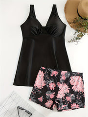 Modest Tankini Set Women's Plus Floral Print V Neck Swimsuit