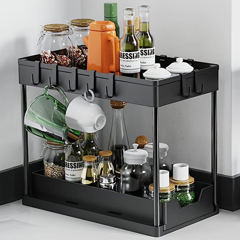 2 Tier Sliding Cabinet Basket Organizer with Hooks for Bathroom