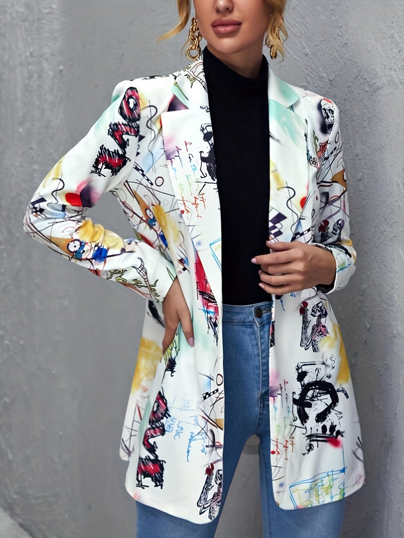 Graphic Art Print Blazer Long Sleeve Casual Blazer for Spring & Fall