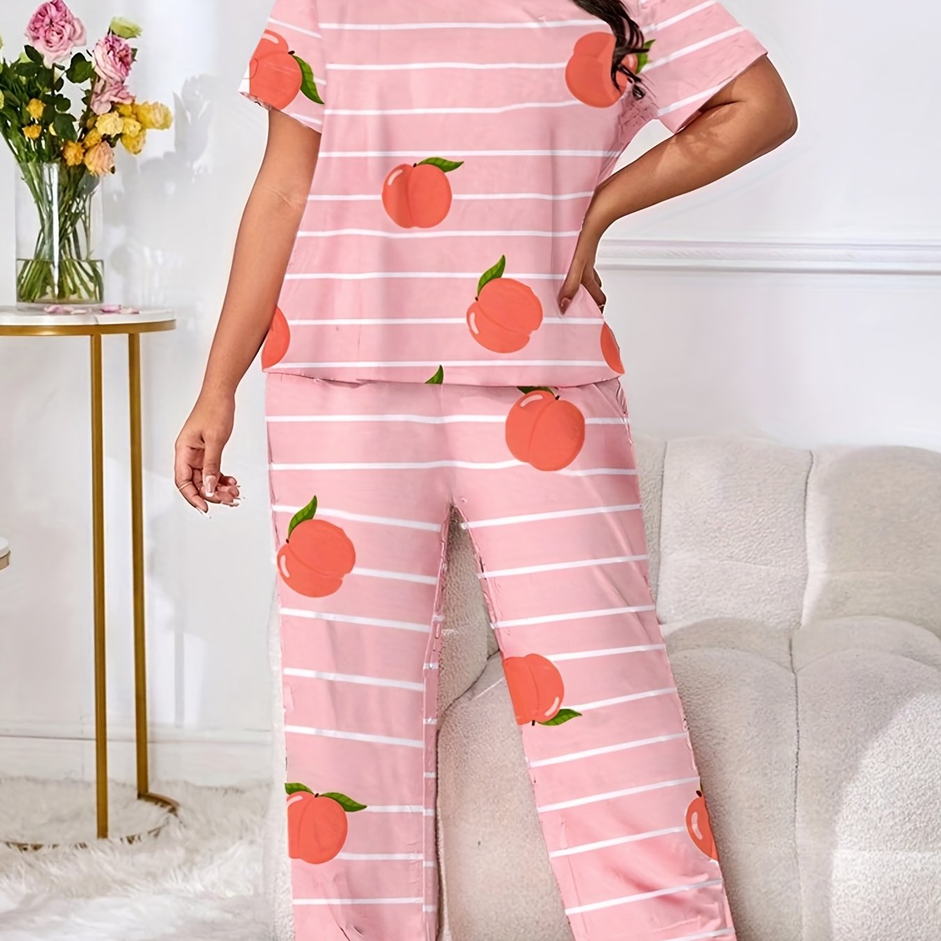 Peach & Stripe Print Two Piece Pajama Set