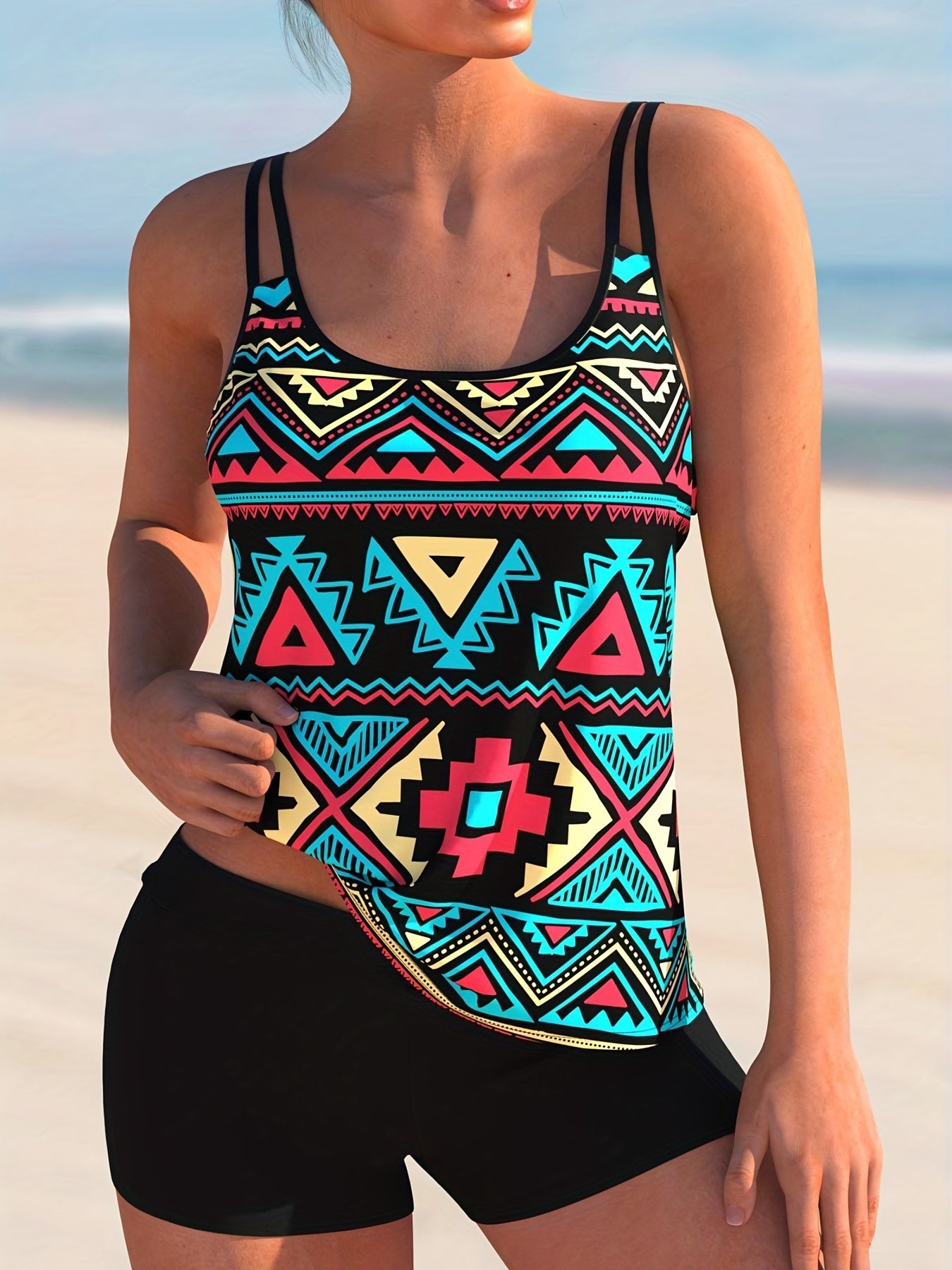 Geo Print Round Neck Cami Top & Shorts Swimsuit Set