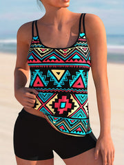 Geo Print Round Neck Cami Top & Shorts Swimsuit Set