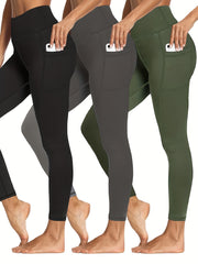 3 Pack Plus Size Sports Leggings Women's Plus Solid Pipping High Stretch