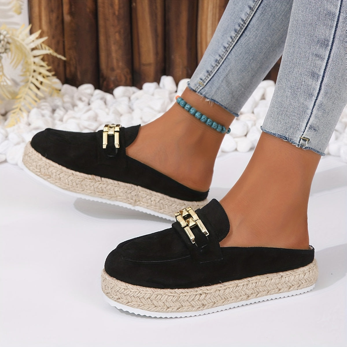 Women's Platform Espadrille Mules Round Closed Toe Slip On Shoes