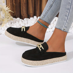 Women's Platform Espadrille Mules Round Closed Toe Slip On Shoes