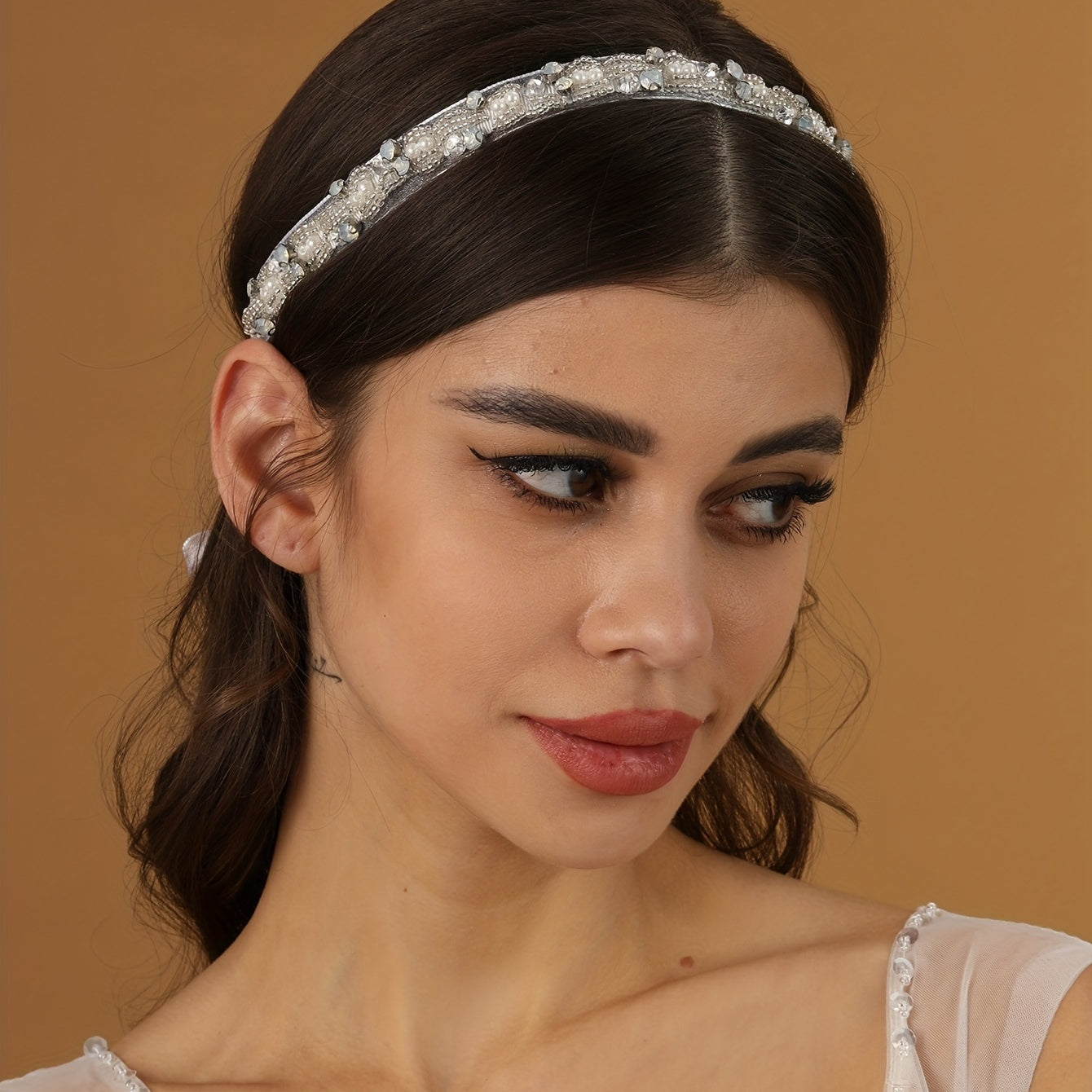 Rhinestone Faux Pearl Headband Crystal Beads Tiara With Ribbon