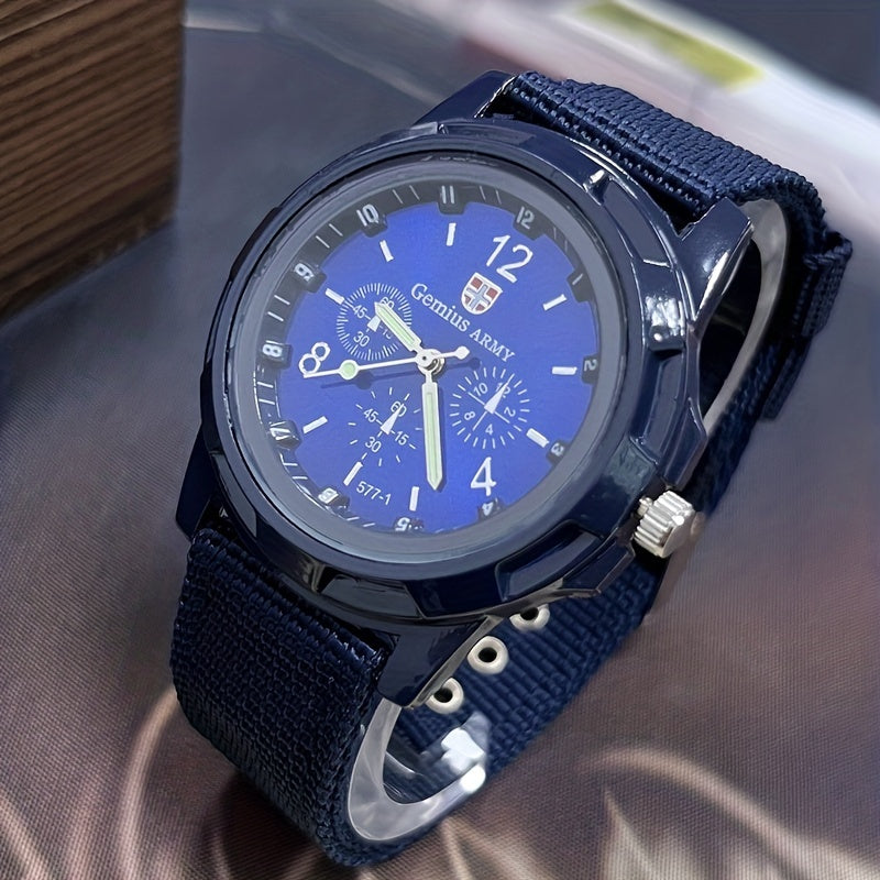 Analog Round Quartz Watch Stainless Steel Case Nylon Strap