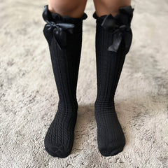 3 Pairs Girls Cable Knit Bow Knee High Socks Long Uniform Stockings