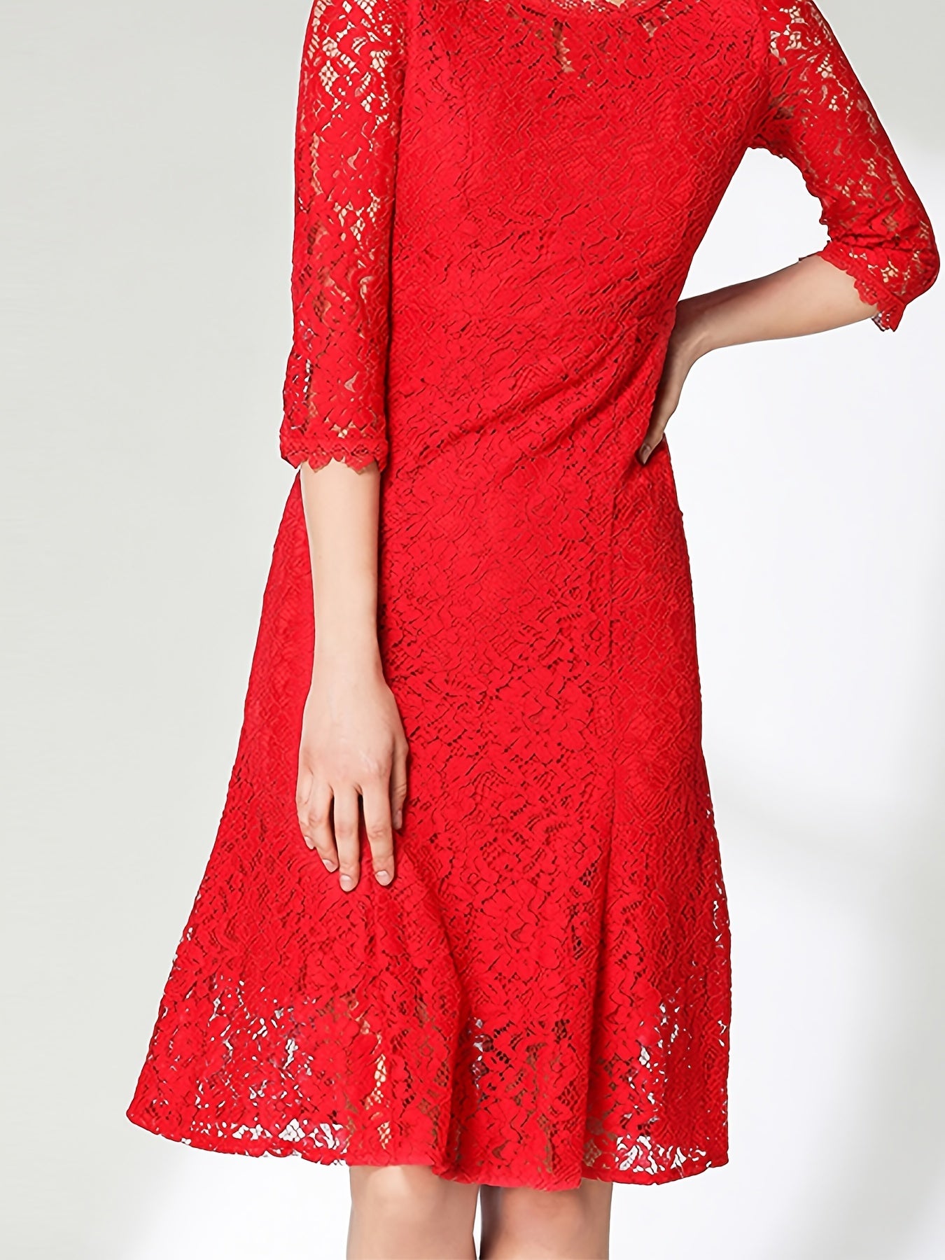 Lace Solid Dress 3/4 Sleeve Crew Neck Dress Women's Clothing