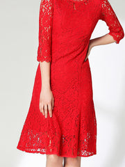Lace Solid Dress 3/4 Sleeve Crew Neck Dress Women's Clothing