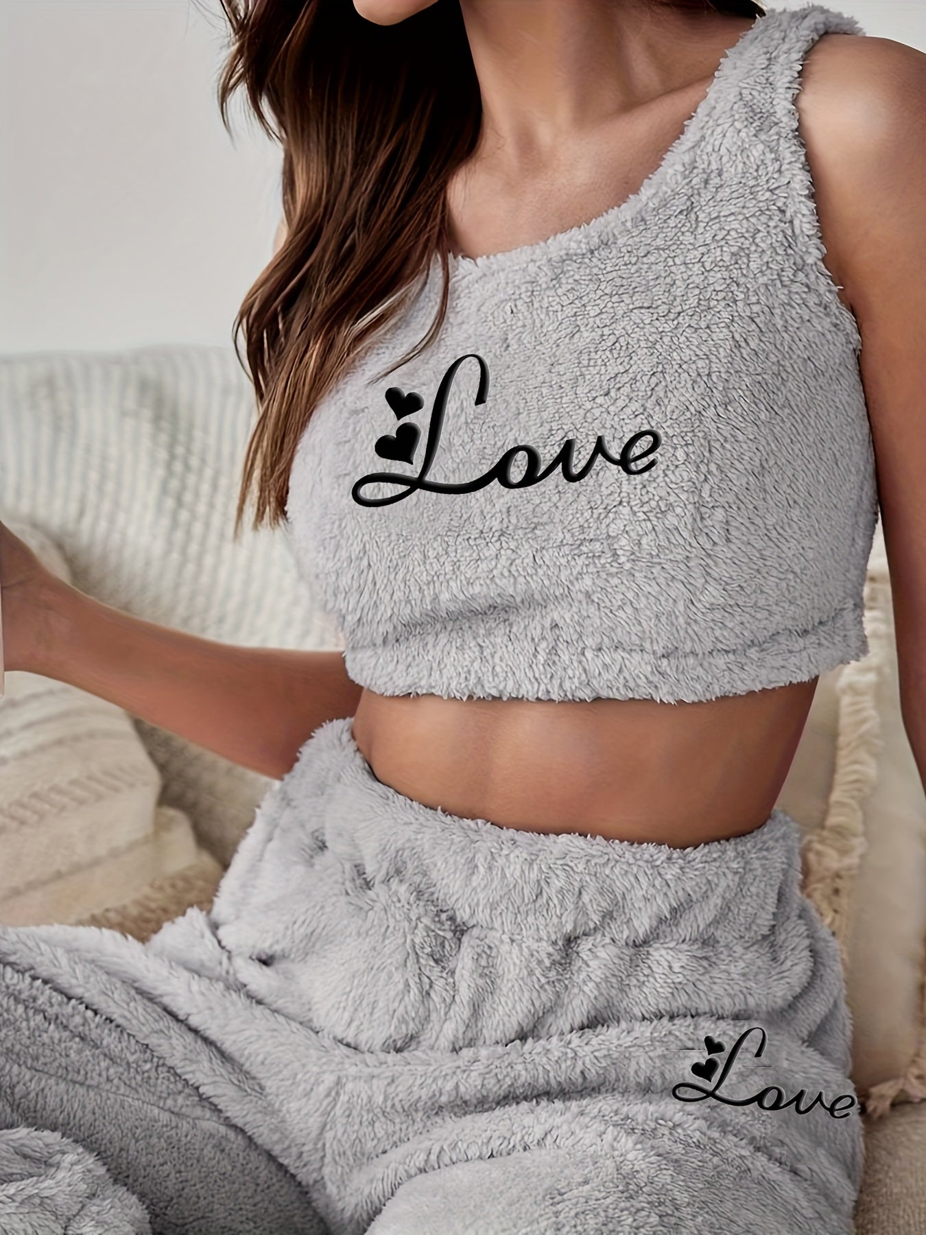 Letter Print Fuzzy Pajama Set Crew Neck Tank Top & Elastic Waistband Pants
