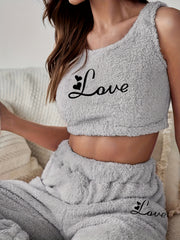 Letter Print Fuzzy Pajama Set Crew Neck Tank Top & Elastic Waistband Pants