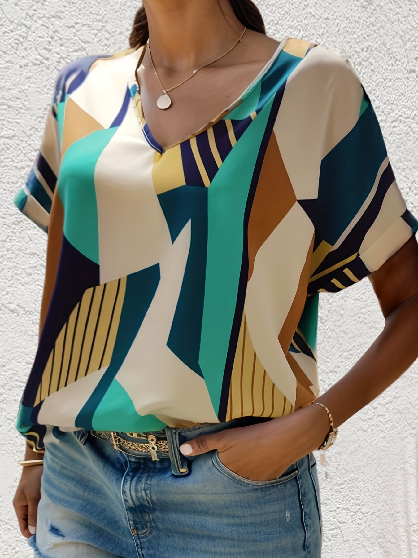 Colorblock Geometric Print V Neck Blouse