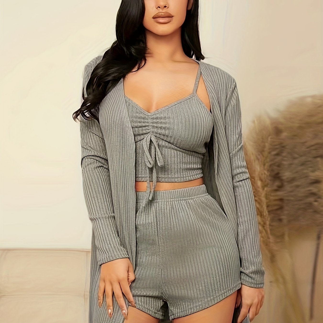 Ribbed Pajama Set Long Sleeve Robe & Cami Top & Shorts