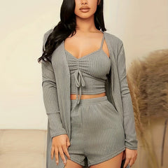 Ribbed Pajama Set Long Sleeve Robe & Cami Top & Shorts