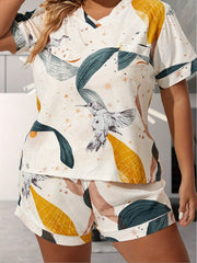 Plus Size Retro Pajamas Set Leaf & Bird Print Tee & Shorts Lounge 2