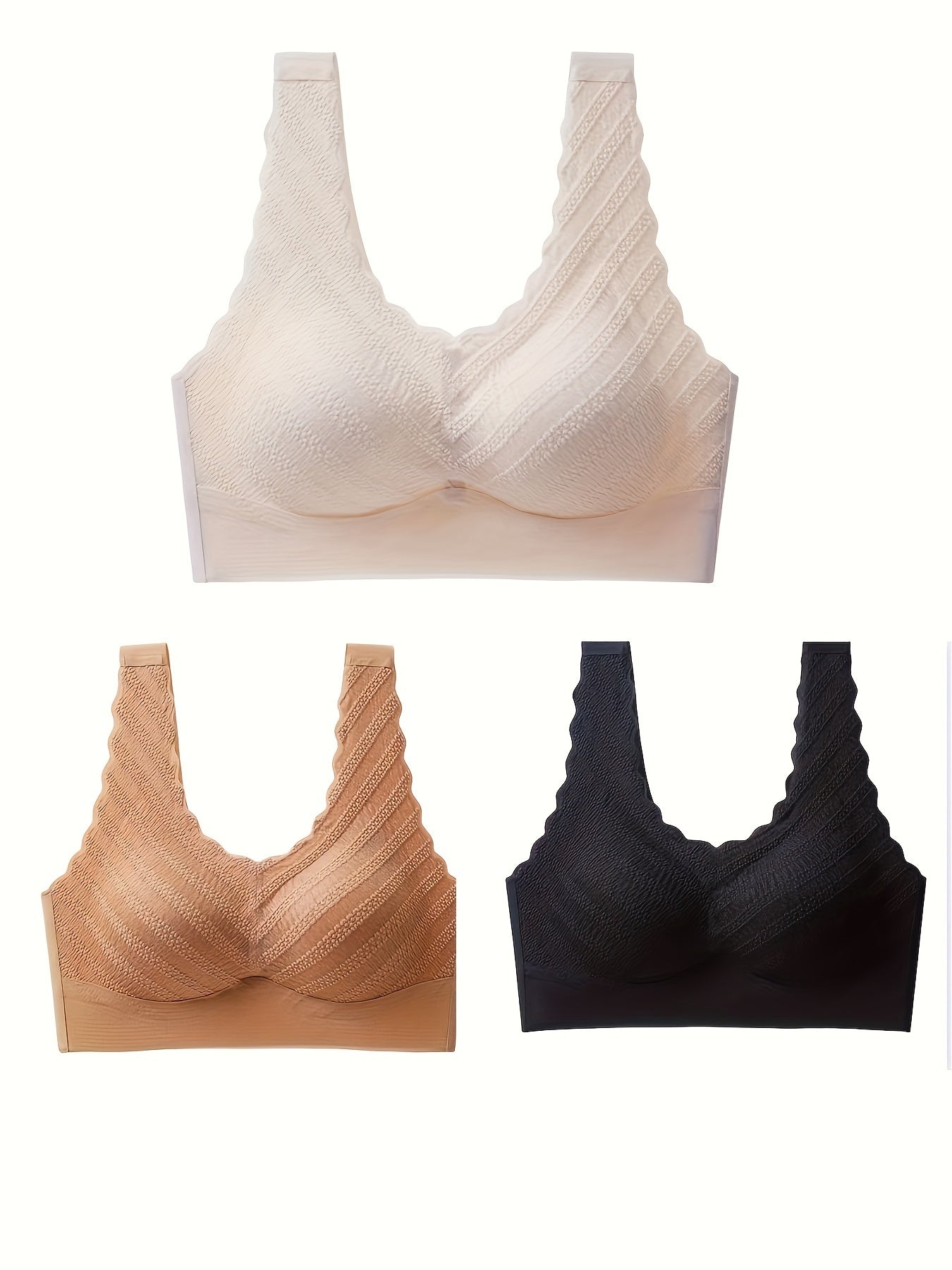 3pcs Scallop Trim Wireless Bras Push Up Comfy Breathable Women's Lingerie