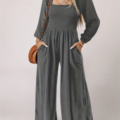 Solid Shirred Long Sleeve Wide Leg Jumpsuit