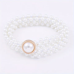 Faux Pearl Chain Elastic Belt Round Pearl Buckle Dress Belt Women
