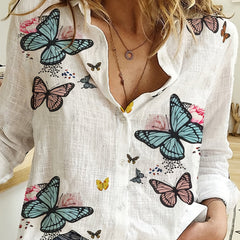 Casual Blouse Women's Plus Butterfly Print Long Sleeve Button Up