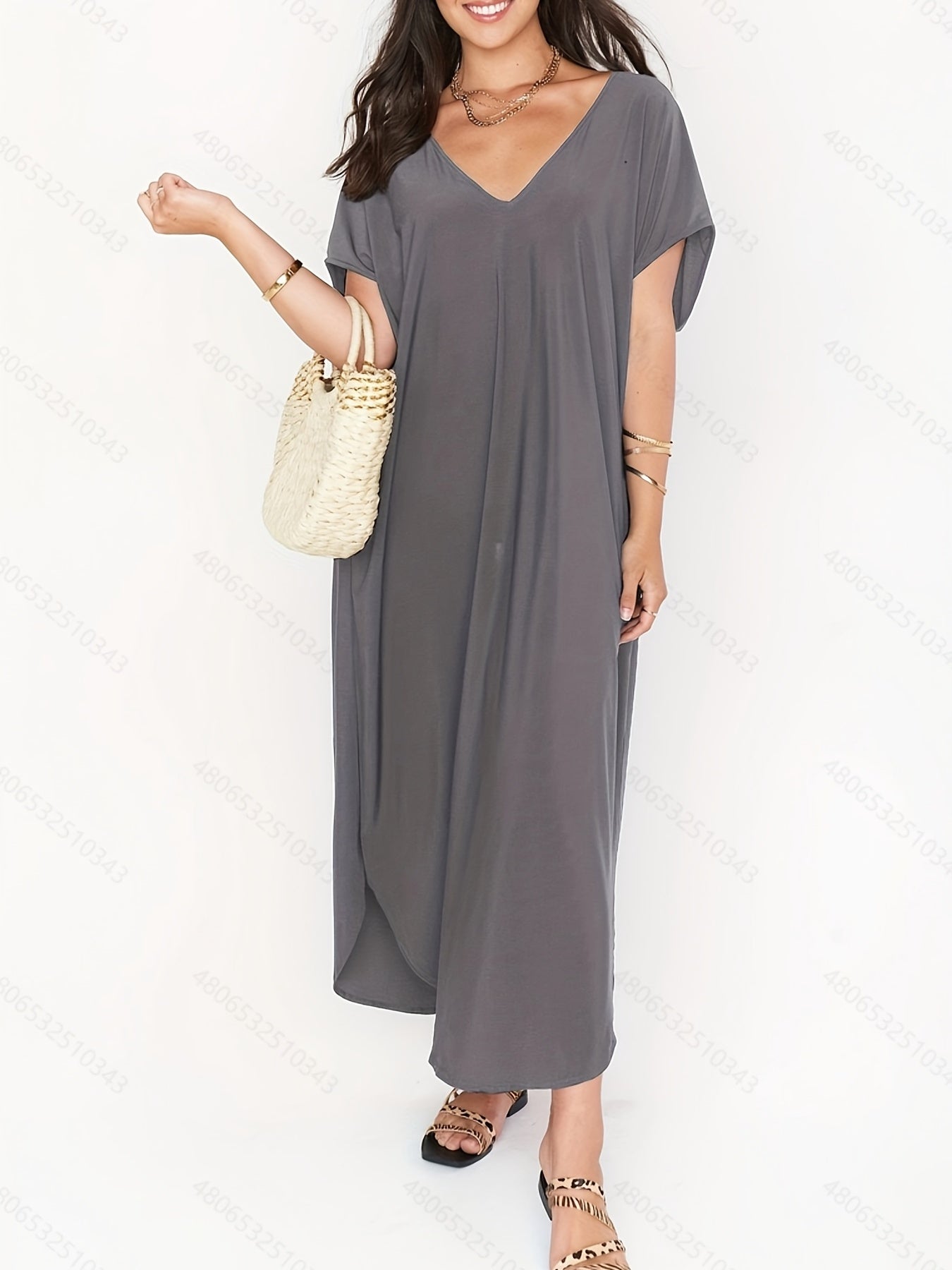 Dark Gray V Neck High Strech Beach Dress Short Sleeve Cover Up Women's Swimwear